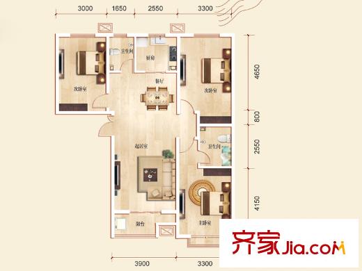 维多利亚夏郡户型图三期23号楼D户型 3室2厅2卫1厨