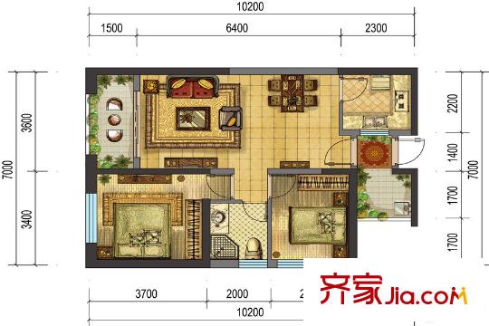 俊发空港城A1户型 2室2厅1卫1厨