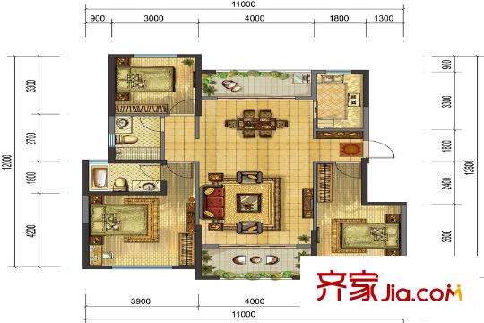 俊发空港城C户型 3室2厅2卫1厨