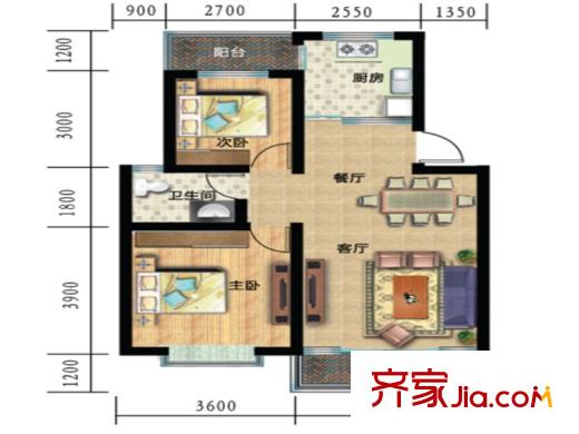 一米阳光美好家园G-H户型 3室2厅1卫1厨
