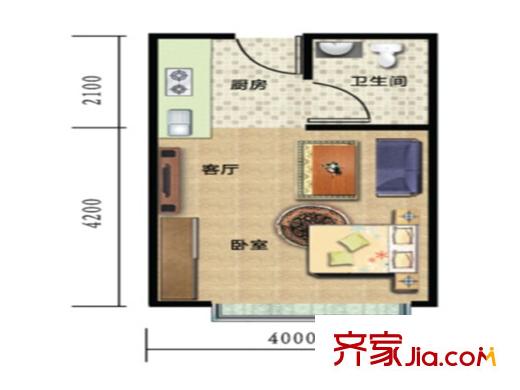 一米阳光美好家园A1户型 1室1厅1卫1厨