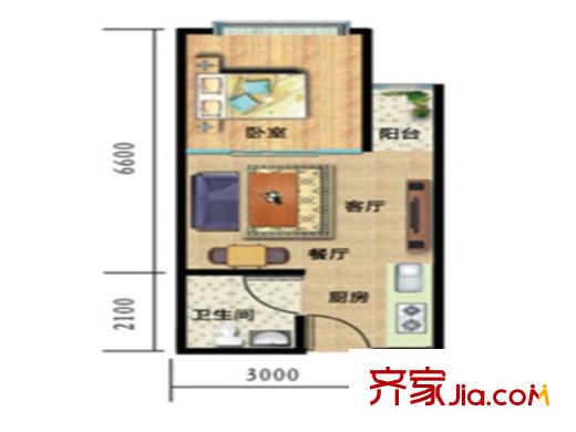 一米阳光美好家园A3户型 1室2厅1卫1厨