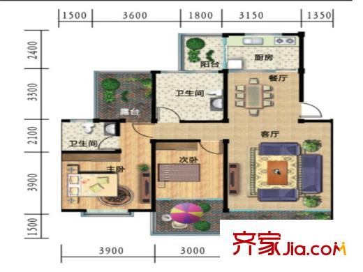 一米阳光美好家园B1户型 2室2厅2卫1厨