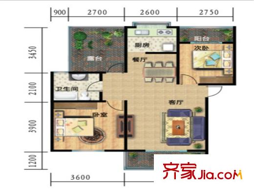 一米阳光美好家园D1户型 3室2厅1卫1厨