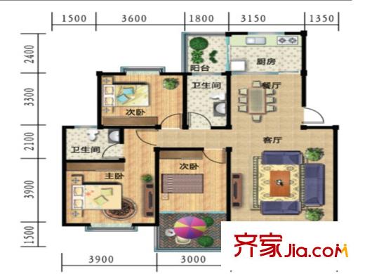 一米阳光美好家园B户型 3室2厅2卫1厨