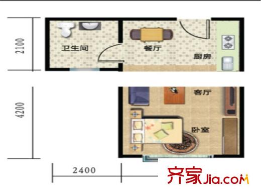 一米阳光美好家园A2户型 1室2厅1卫1厨