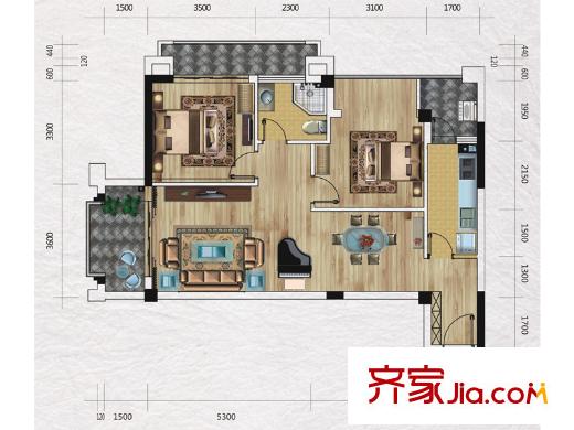 幸福里D2户型 2室2厅1卫1厨