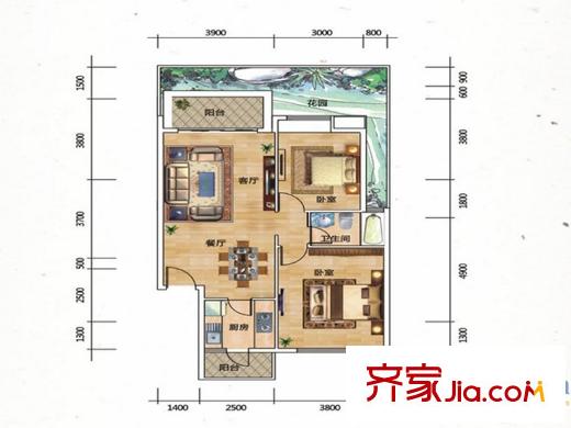 幸福里C4户型 2室2厅1卫1厨