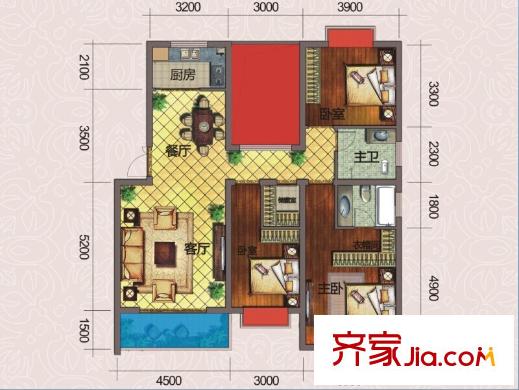 幸福里2期C1户型 3室2厅2卫1厨