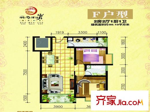 丽月湖岸F户型户型图 2室2厅1卫1厨