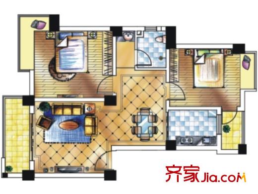 一米阳光快乐家园多层E户型 2室2厅1卫1厨