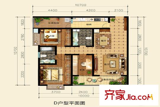 万湖东城D户型 3室2厅2卫1厨
