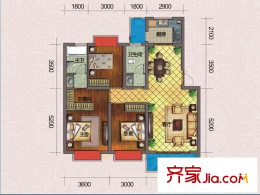 幸福里2期C2户型 3室2厅2卫1厨