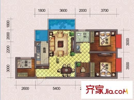 幸福里2期C6户型 3室1厅1卫1厨