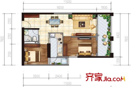 天宇时代广场C8户型 2室2厅1卫1厨