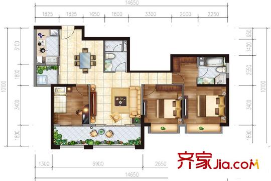 天宇时代广场C6户型 2室2厅2卫1厨