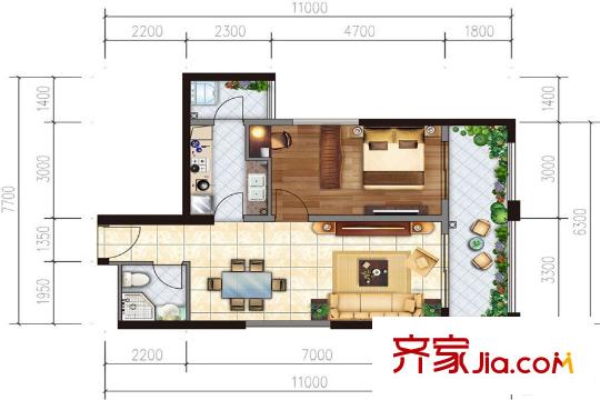 天宇时代广场A2户型 1室2厅1卫1厨