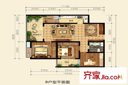 万湖东城B户型 3室2厅2卫1厨