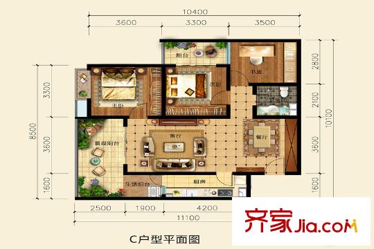 万湖东城C户型 3室2厅1卫1厨