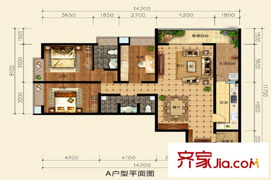 万湖东城A户型 3室2厅2卫1厨