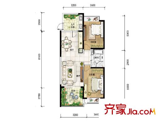 雅居乐云南原乡洋房A8a户型图 2室2厅1卫