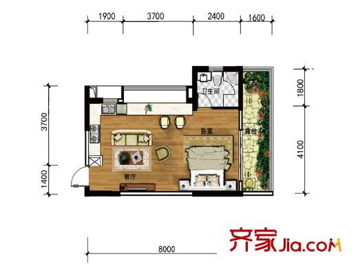 雅居乐云南原乡洋房A15b户型图 1室1厅1卫