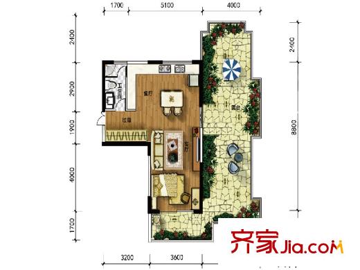雅居乐云南原乡洋房A11户型图 1室2厅1卫
