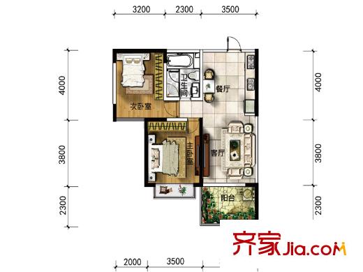 雅居乐云南原乡洋房A9户型图 2室2厅1卫
