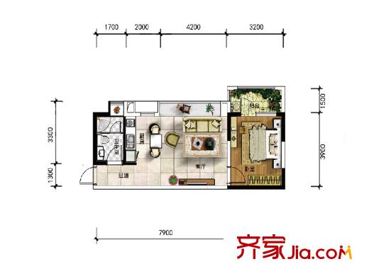 雅居乐云南原乡洋房A18户型图 1室1厅1卫