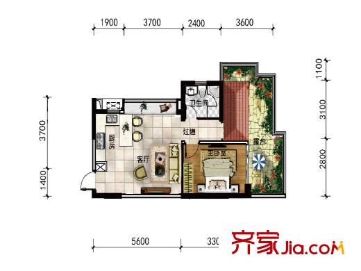 雅居乐云南原乡洋房A15a户型图 1室1厅1卫