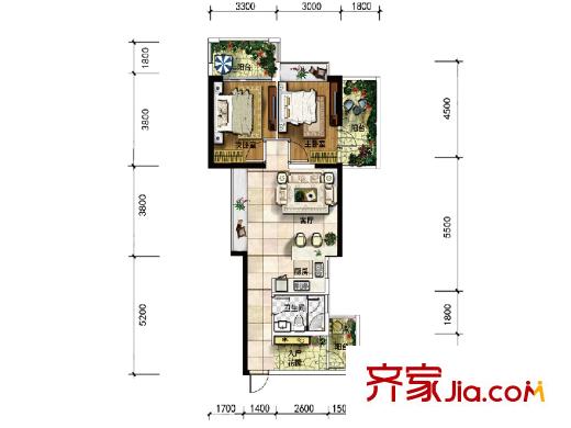雅居乐云南原乡洋房A13户型图 2室1厅1卫