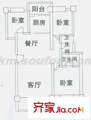 生活名著户型图E2户型 3室2厅2卫1厨