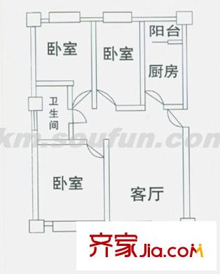 生活名著户型图C1 3室2厅1卫1厨