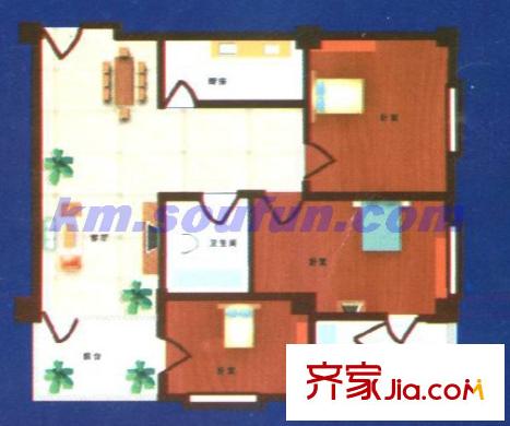 金帝富士户型图E户型 3室2厅2卫1厨