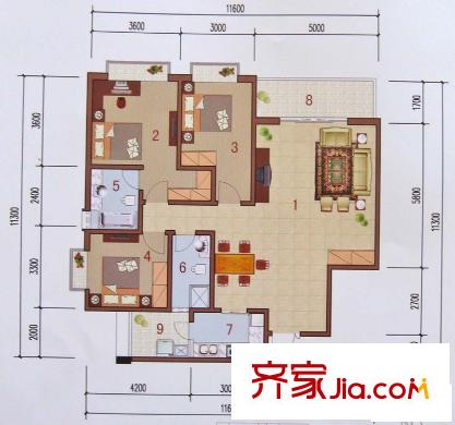 戎锦花园户型图4#楼A户型 3室2厅2卫1厨