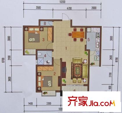 戎锦花园户型图7#楼C户型 2室2厅1卫1厨