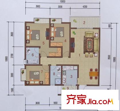 戎锦花园户型图7#楼A户型 3室2厅2卫1厨