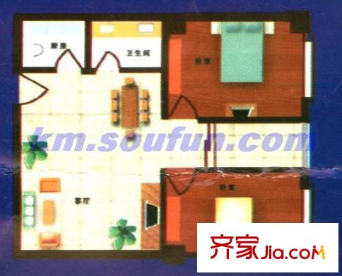 金帝富士户型图D户型 2室2厅1卫1厨