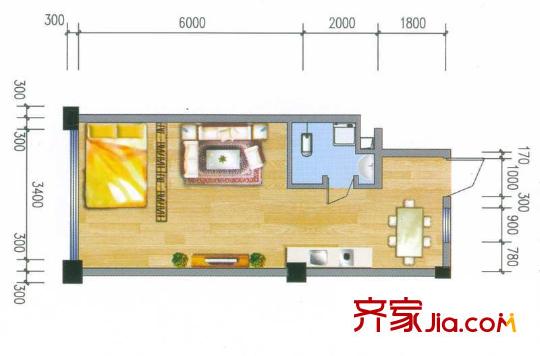 非常天地户型图B栋W户型 1室2厅1卫1厨