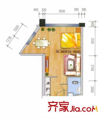 非常天地户型图A栋D户型 1室1厅1卫1厨
