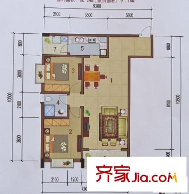 戎锦花园户型图7#楼B户型 2室2厅1卫1厨