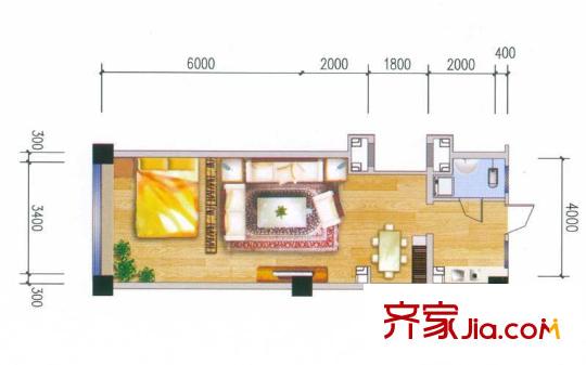 非常天地户型图B栋Q户型 1室2厅1卫1厨