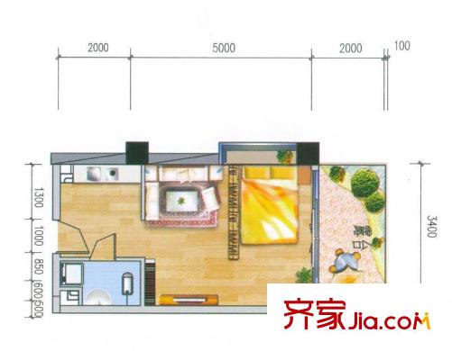 非常天地户型图B栋D户型 1室1厅1卫1厨