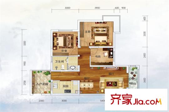 第三城・紫曼园F1户型 3室2厅1卫1厨
