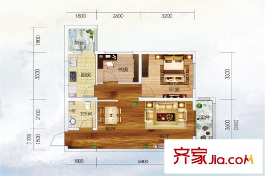 第三城・紫曼园F2户型 2室2厅1卫1厨