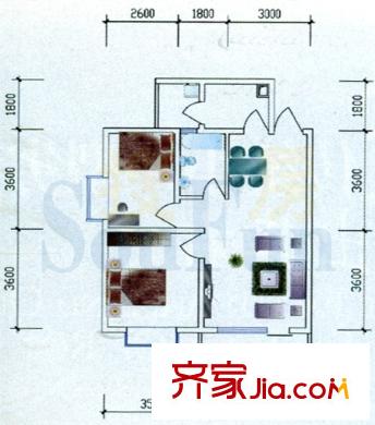 东方丽苑户型图E户型 2室2厅2卫1厨