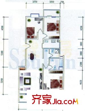 东方丽苑户型图A户型 3室2厅2卫1厨