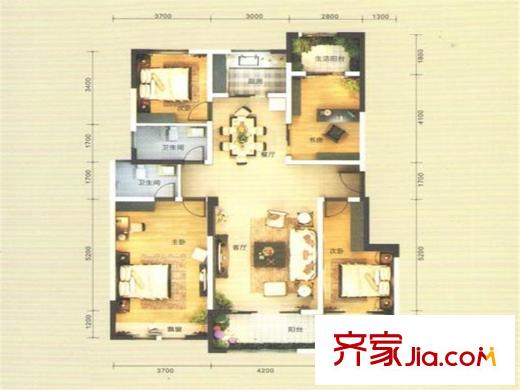 俊发九夏云水G户型 4室2厅2卫1厨