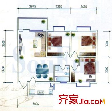 东方丽苑户型图B户型 3室2厅1卫1厨