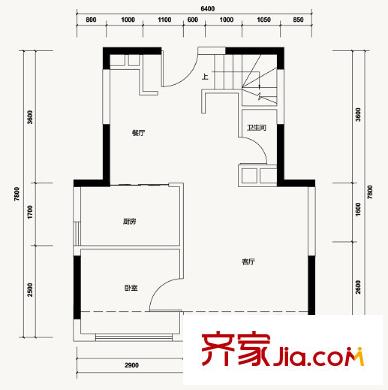 万科白沙润园F户型(一层) 1室2厅1卫1厨